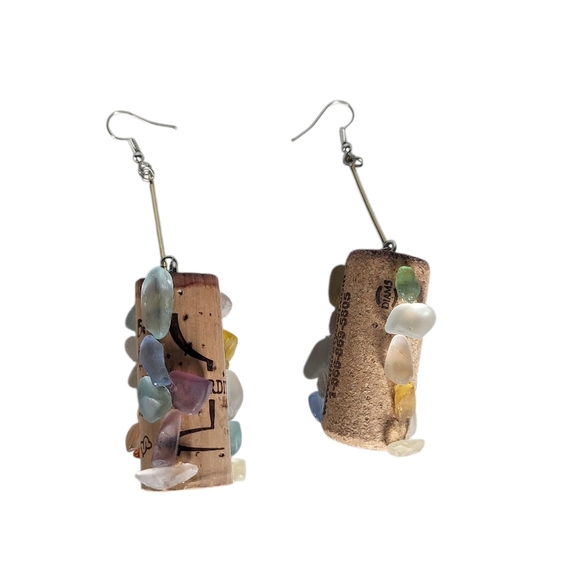 14k Goldplated Wine Cork & Sea Glass Bar Dangle Earrings - Picture 5 of 5